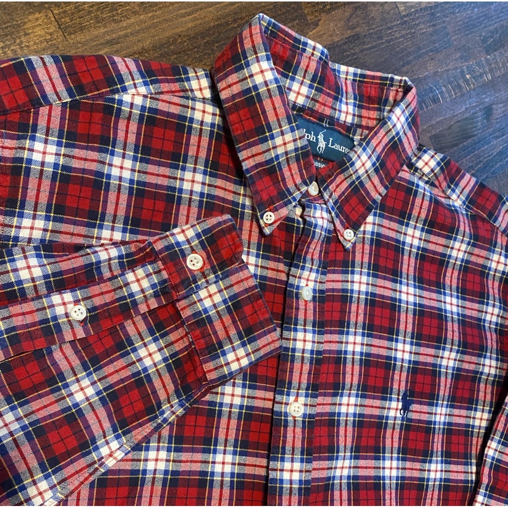Ralph Lauren Shirt Mens Large Lg Classic Fit Red White Blue Plaid Pony Logo